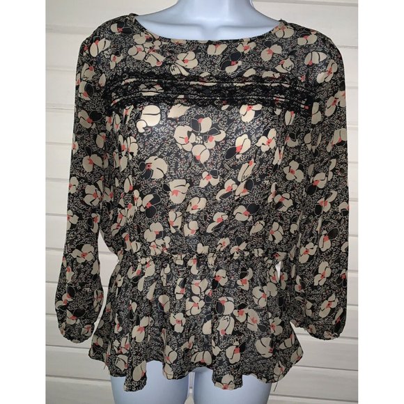 Lily Rose Sz MEDIUM Tunic Peplum Popover Black Scribble Floral Semi Sheer EUC - Picture 3 of 11